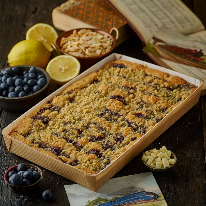 Zesty Lemon, Wild Blueberry and Crumble Frangipane Tart